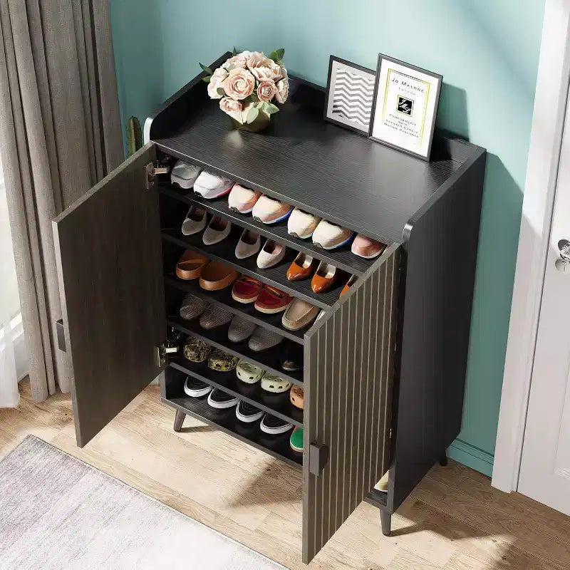 Schuhschrank mit Türen, 7-stöckiges Schuhregal mit verstellbaren Regalböden, Schuhaufbewahrung aus Holz für Eingangsbereich, Garderobe, Wohnzimmer, Grau