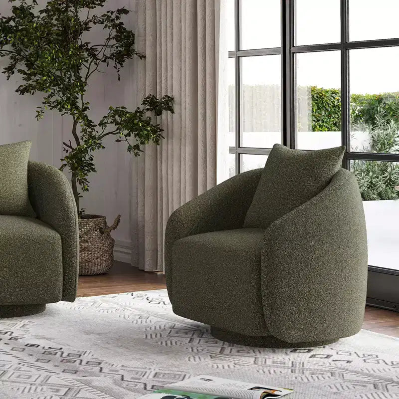 Drehbarer Akzentsessel, drehbarer Fass-Sessel mit Rückenkissen, Massivholzrahmen, Teddy-Polstersessel für Wohnzimmer, Schlafzimmer, Büro