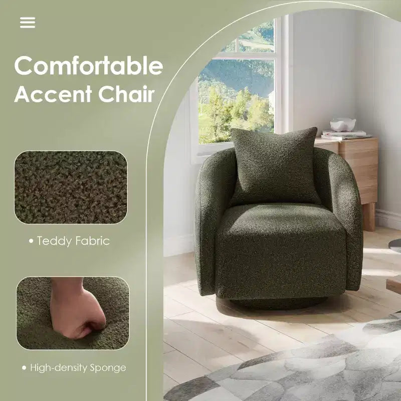 Drehbarer Akzentsessel, drehbarer Fass-Sessel mit Rückenkissen, Massivholzrahmen, Teddy-Polstersessel für Wohnzimmer, Schlafzimmer, Büro