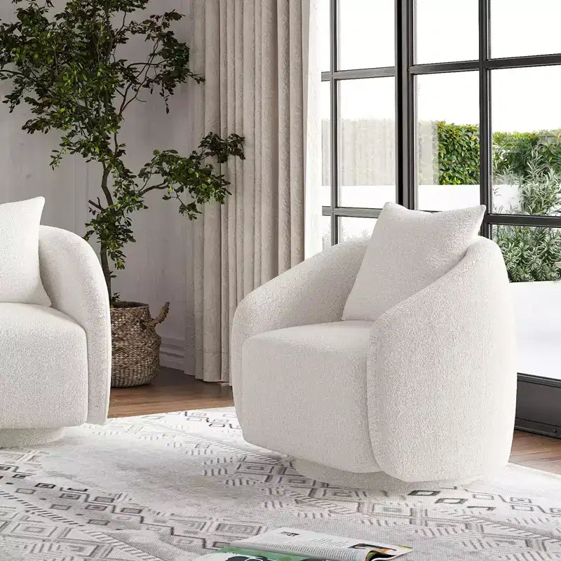 Drehbarer Akzentsessel, drehbarer Fass-Sessel mit Rückenkissen, Massivholzrahmen, Teddy-Polstersessel für Wohnzimmer, Schlafzimmer, Büro