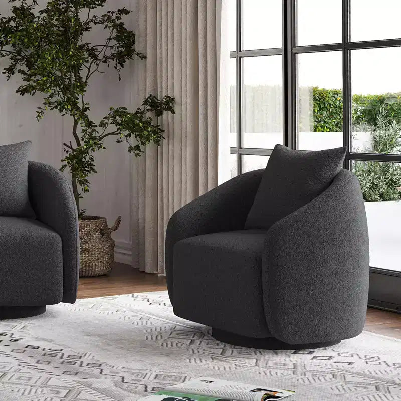 Drehbarer Akzentsessel, drehbarer Fass-Sessel mit Rückenkissen, Massivholzrahmen, Teddy-Polstersessel für Wohnzimmer, Schlafzimmer, Büro