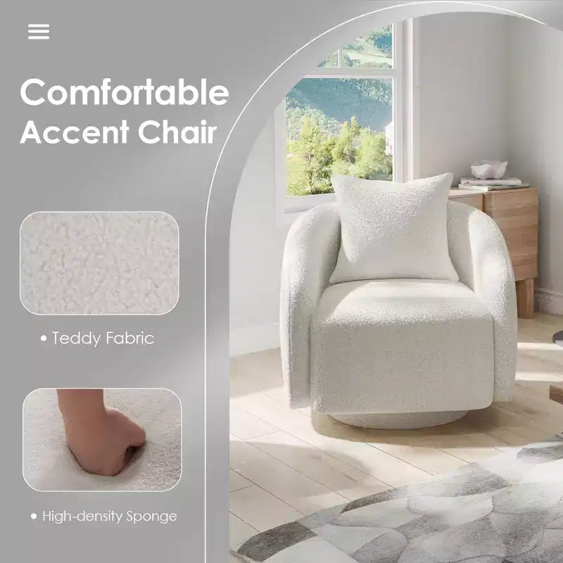 Drehbarer Akzentsessel, drehbarer Fass-Sessel mit Rückenkissen, Massivholzrahmen, Teddy-Polstersessel für Wohnzimmer, Schlafzimmer, Büro