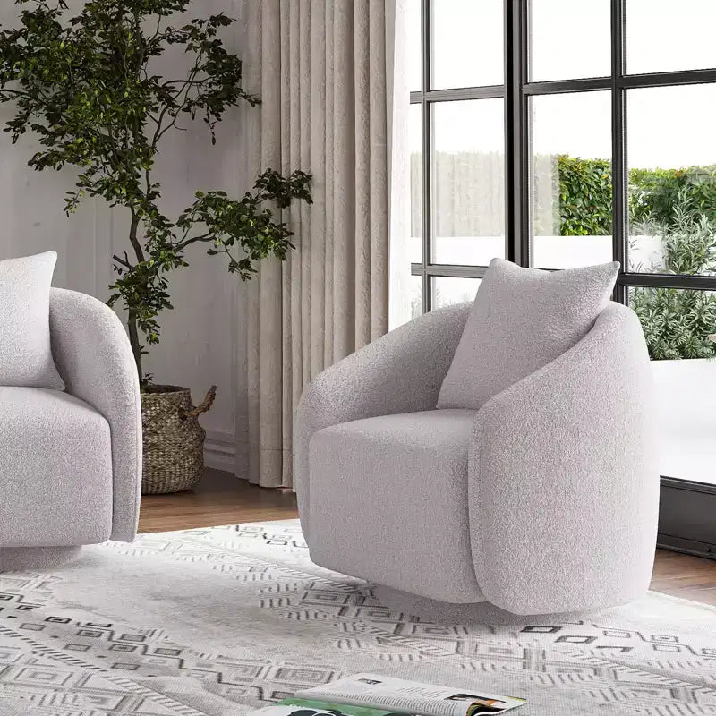 Drehbarer Akzentsessel, drehbarer Fass-Sessel mit Rückenkissen, Massivholzrahmen, Teddy-Polstersessel für Wohnzimmer, Schlafzimmer, Büro