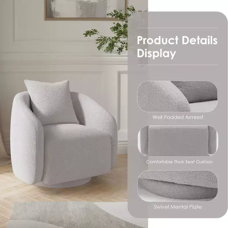 Drehbarer Akzentsessel, drehbarer Fass-Sessel mit Rückenkissen, Massivholzrahmen, Teddy-Polstersessel für Wohnzimmer, Schlafzimmer, Büro