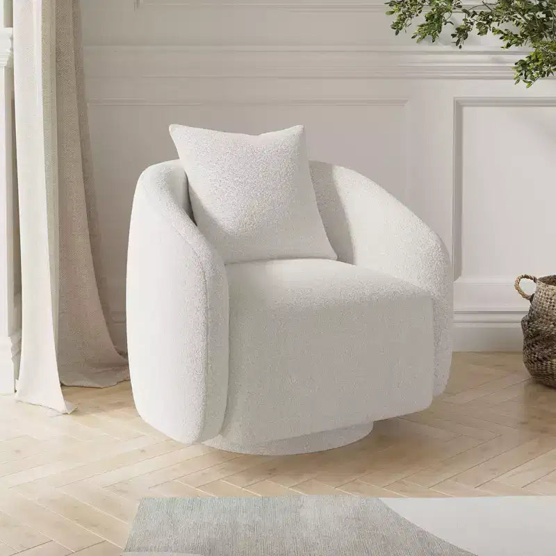 Drehbarer Akzentsessel, drehbarer Fass-Sessel mit Rückenkissen, Massivholzrahmen, Teddy-Polstersessel für Wohnzimmer, Schlafzimmer, Büro