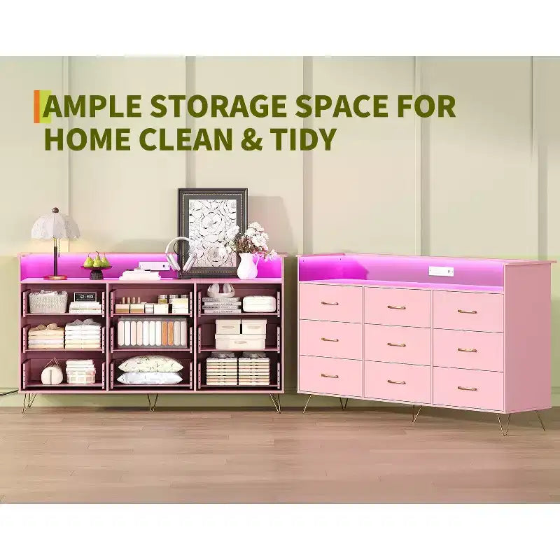 Kommode mit 9 Schubladen, große Holzkommode für Schlafzimmer, Schrank, Wohnzimmer, grifflose moderne Aufbewahrungsorganisation