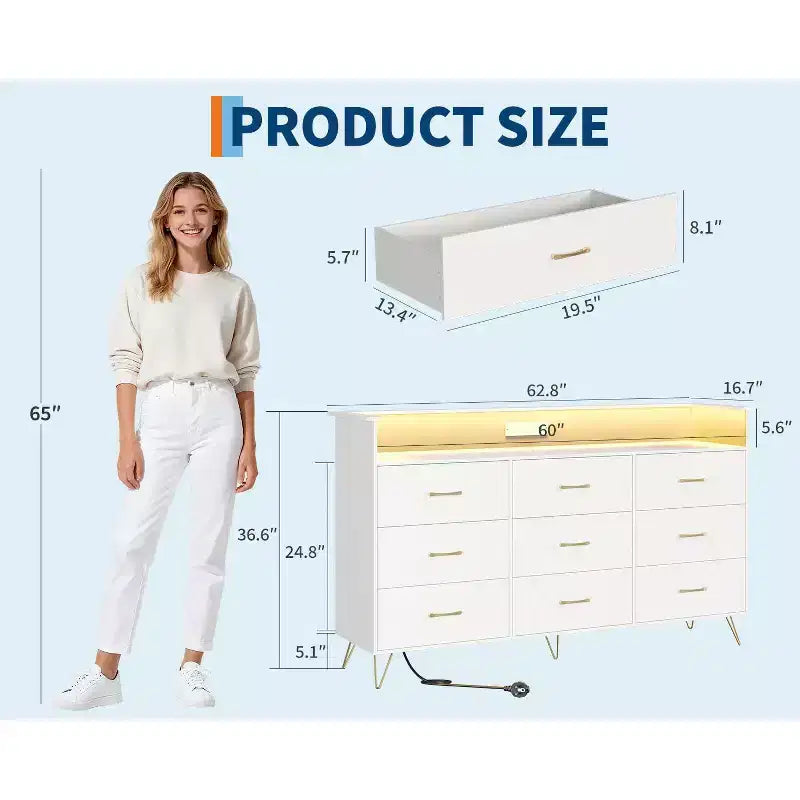 Kommode mit 9 Schubladen, große Holzkommode für Schlafzimmer, Schrank, Wohnzimmer, grifflose moderne Aufbewahrungsorganisation
