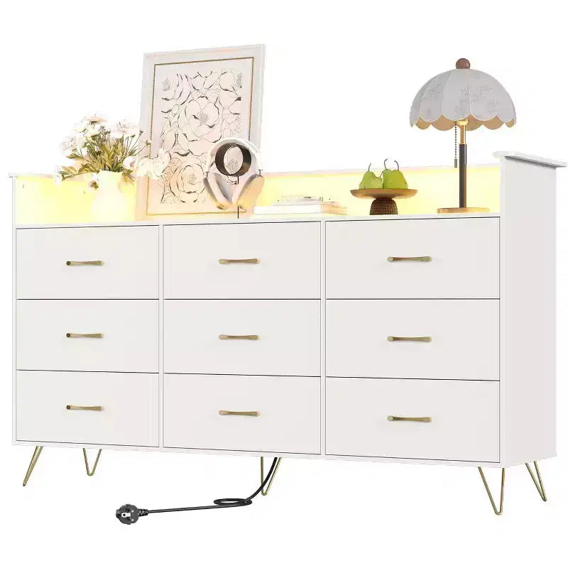 Kommode mit 9 Schubladen, große Holzkommode für Schlafzimmer, Schrank, Wohnzimmer, grifflose moderne Aufbewahrungsorganisation