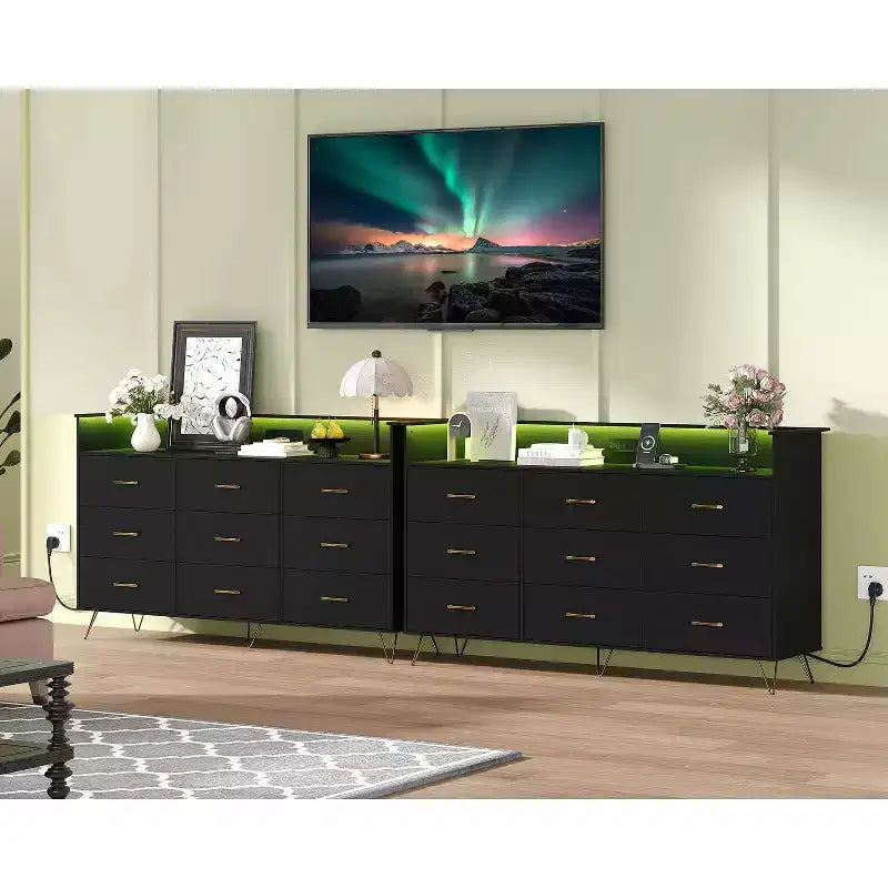 Kommode mit 9 Schubladen, große Holzkommode für Schlafzimmer, Schrank, Wohnzimmer, grifflose moderne Aufbewahrungsorganisation