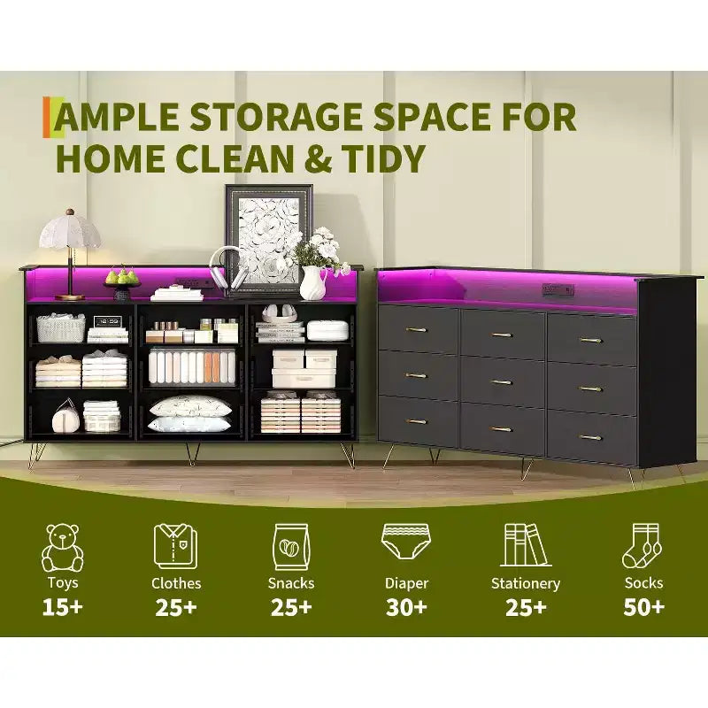 Kommode mit 9 Schubladen, große Holzkommode für Schlafzimmer, Schrank, Wohnzimmer, grifflose moderne Aufbewahrungsorganisation