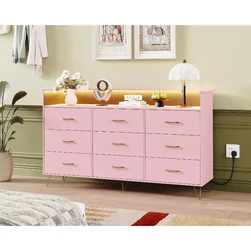 Kommode mit 9 Schubladen, große Holzkommode für Schlafzimmer, Schrank, Wohnzimmer, grifflose moderne Aufbewahrungsorganisation
