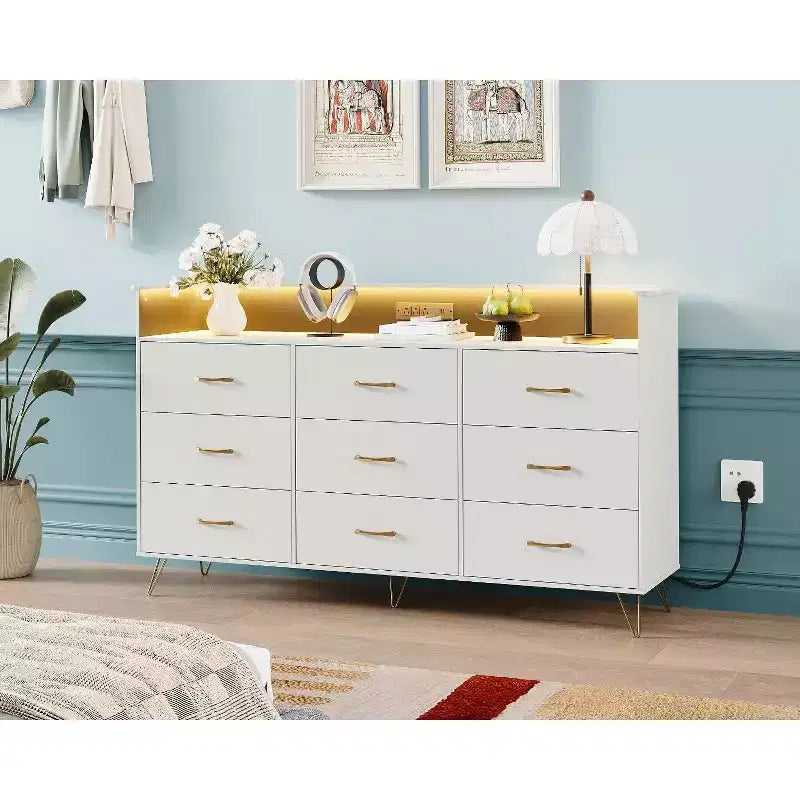 Kommode mit 9 Schubladen, große Holzkommode für Schlafzimmer, Schrank, Wohnzimmer, grifflose moderne Aufbewahrungsorganisation