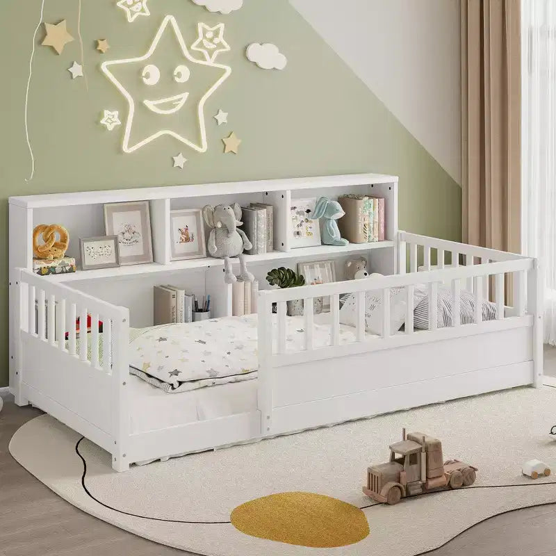Bodenbett in Twin-Größe mit Zaungeländer und Seitenstauraum, Montessori-Kinderbett aus Holz, Weiß