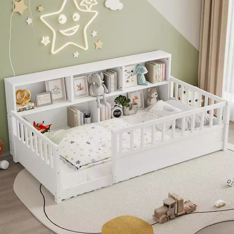Bodenbett in Twin-Größe mit Zaungeländer und Seitenstauraum, Montessori-Kinderbett aus Holz, Weiß