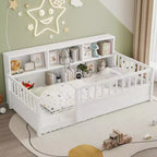 Bodenbett in Twin-Größe mit Zaungeländer und Seitenstauraum, Montessori-Kinderbett aus Holz, Weiß