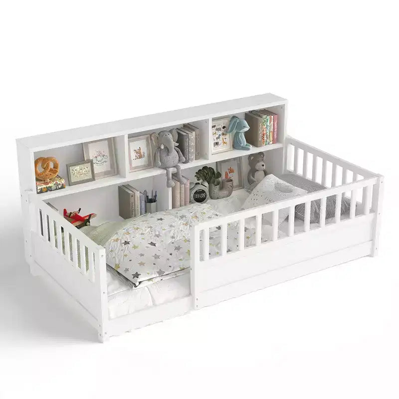 Bodenbett in Twin-Größe mit Zaungeländer und Seitenstauraum, Montessori-Kinderbett aus Holz, Weiß
