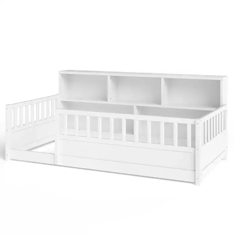 Bodenbett in Twin-Größe mit Zaungeländer und Seitenstauraum, Montessori-Kinderbett aus Holz, Weiß