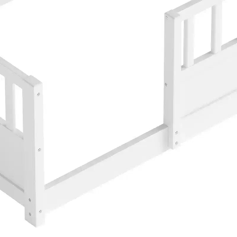 Bodenbett in Twin-Größe mit Zaungeländer und Seitenstauraum, Montessori-Kinderbett aus Holz, Weiß
