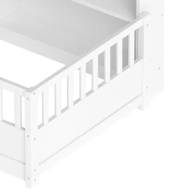 Bodenbett in Twin-Größe mit Zaungeländer und Seitenstauraum, Montessori-Kinderbett aus Holz, Weiß