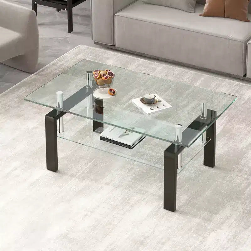 Couchtisch aus gehärtetem Klarglas, moderner 2-stöckiger Beistelltisch für das Wohnzimmer