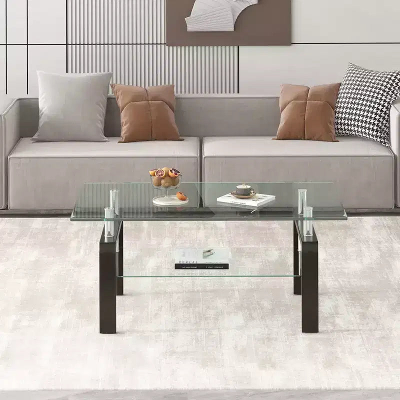 Couchtisch aus gehärtetem Klarglas, moderner 2-stöckiger Beistelltisch für das Wohnzimmer
