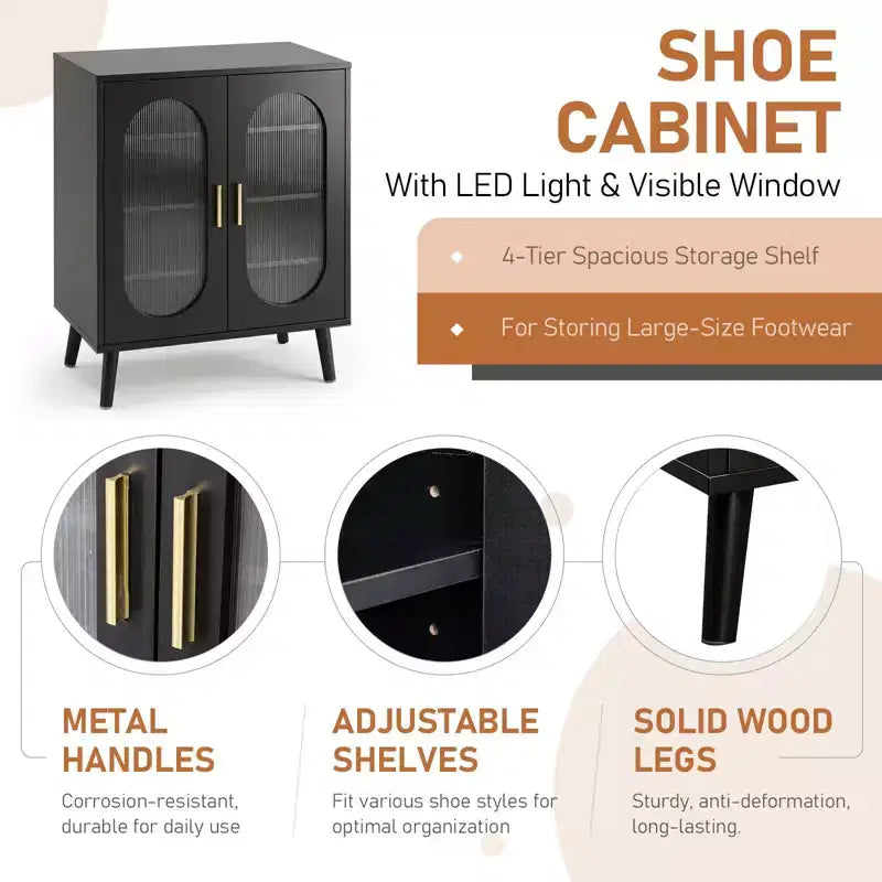 2-türiger Schuhschrank mit Solarmodul, erhöhter Bauweise, USB, 7 Farben LED, 4 Ablagen, 68 cm B