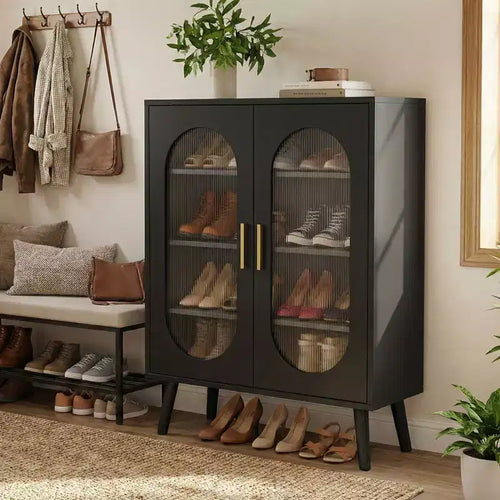 2-türiger Schuhschrank mit Solarmodul, erhöhter Bauweise, USB, 7 Farben LED, 4 Ablagen, 68 cm B