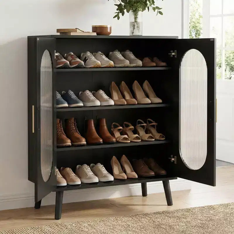 2-türiger Schuhschrank mit Solarmodul, erhöhter Bauweise, USB, 7 Farben LED, 4 Ablagen, 68 cm B