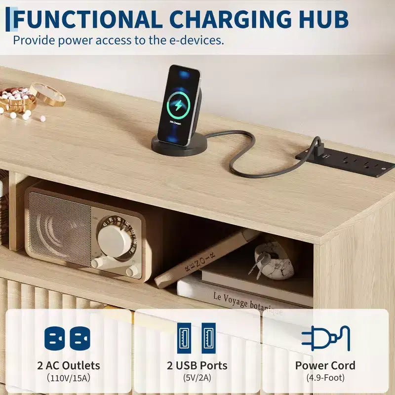 Kommode mit 6 Schubladen für Schlafzimmer, 47,2 Zoll breite Kommode mit LED-Beleuchtung, geschwungenes Profil-Design, geriffelte Holzschubladen für Wohnzimmer, Eiche