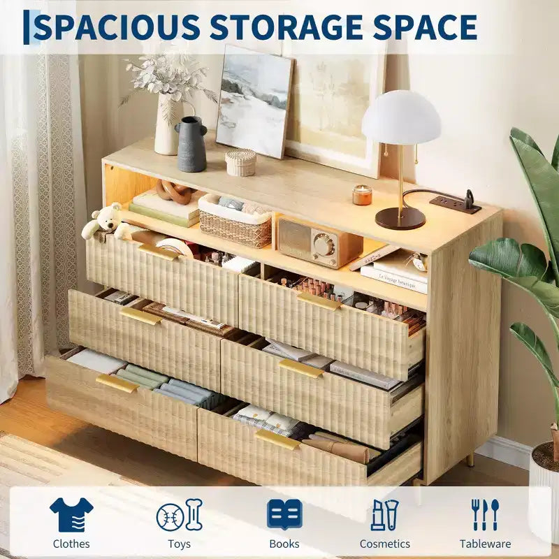 Kommode mit 6 Schubladen für Schlafzimmer, 47,2 Zoll breite Kommode mit LED-Beleuchtung, geschwungenes Profil-Design, geriffelte Holzschubladen für Wohnzimmer, Eiche