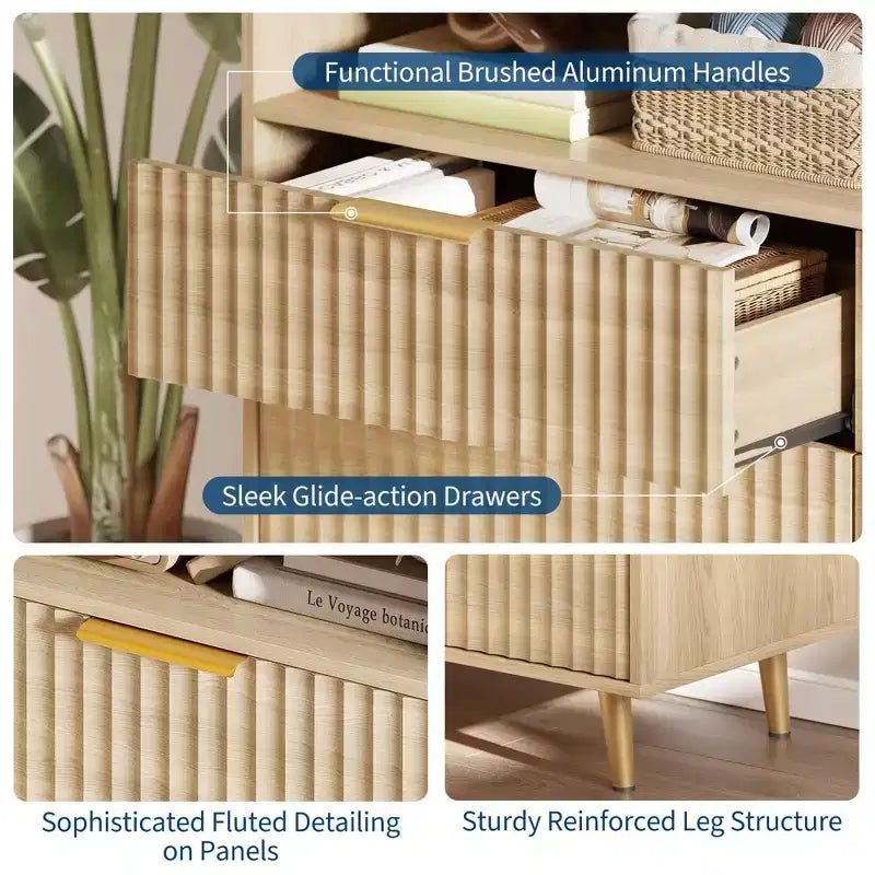 Kommode mit 6 Schubladen für Schlafzimmer, 47,2 Zoll breite Kommode mit LED-Beleuchtung, geschwungenes Profil-Design, geriffelte Holzschubladen für Wohnzimmer, Eiche
