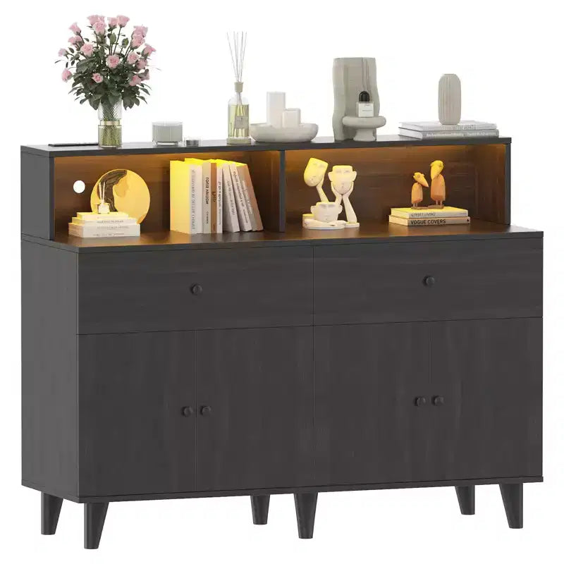 47.2 Kaffeebar-Schrank mit Steckdosen, Buffet-Sideboard mit 2 Schubladen, 4 Türen & Regalen