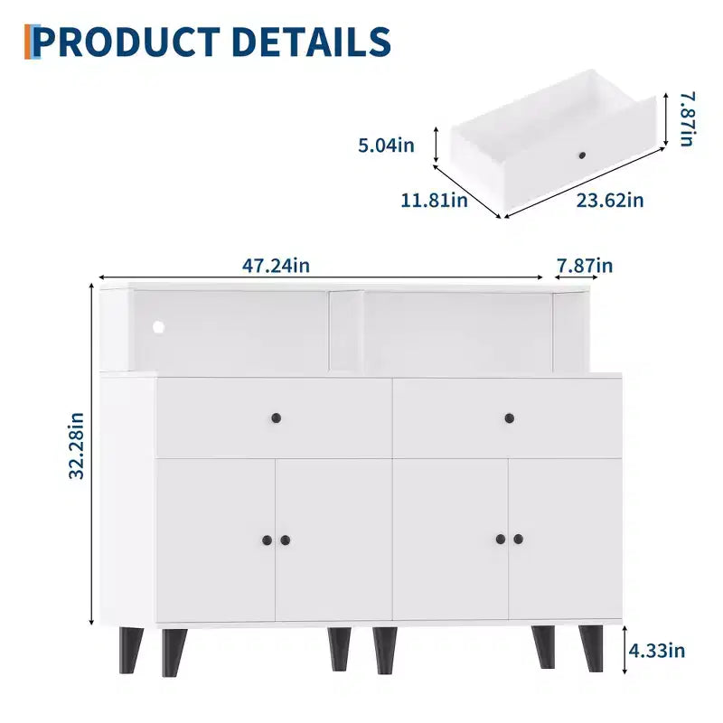 47.2 Kaffeebar-Schrank mit Steckdosen, Buffet-Sideboard mit 2 Schubladen, 4 Türen & Regalen