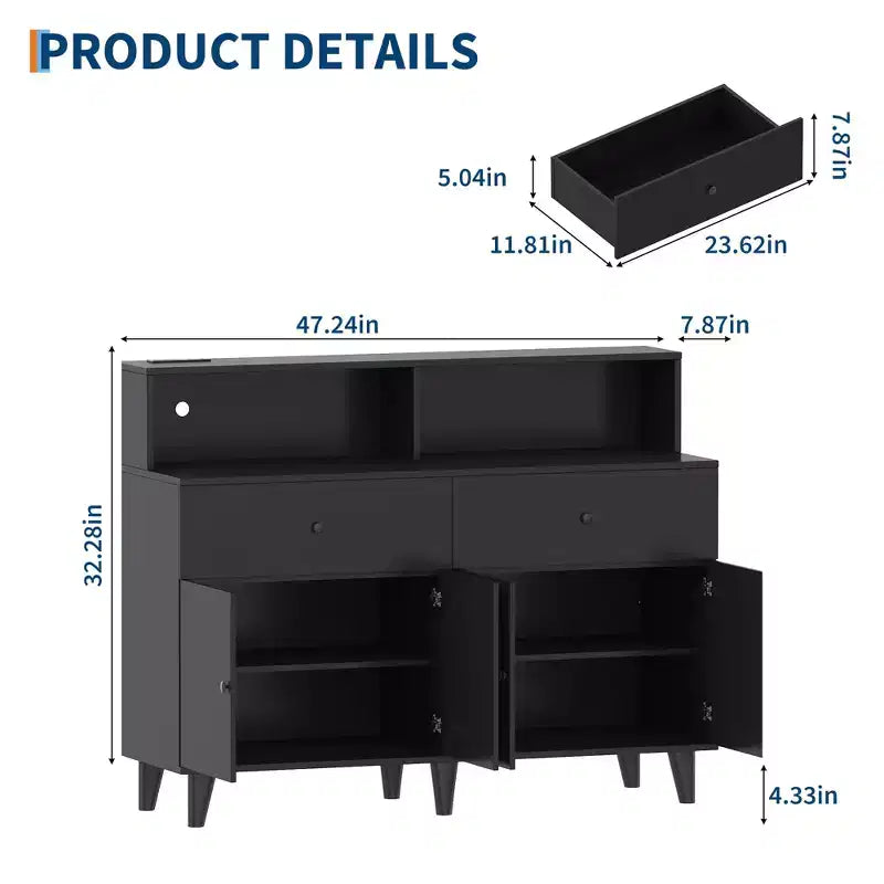 47.2 Kaffeebar-Schrank mit Steckdosen, Buffet-Sideboard mit 2 Schubladen, 4 Türen & Regalen