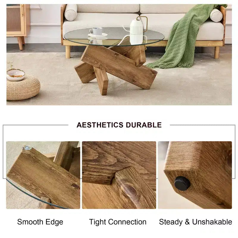 Moderner Glas-Couchtisch mit Platte aus gehärtetem Glas für Wohnzimmer, Holz
