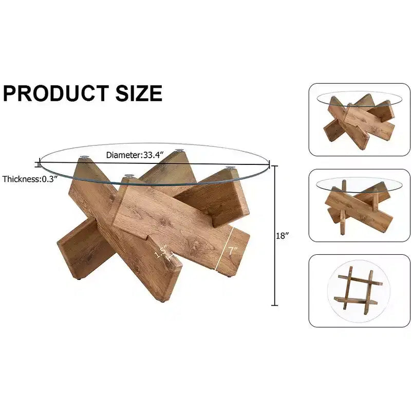 Moderner Glas-Couchtisch mit Platte aus gehärtetem Glas für Wohnzimmer, Holz
