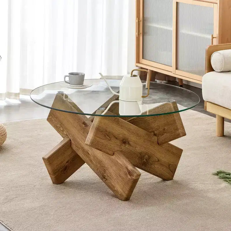 Moderner Glas-Couchtisch mit Platte aus gehärtetem Glas für Wohnzimmer, Holz