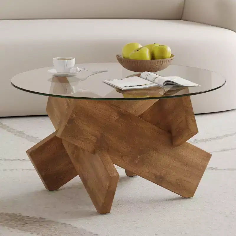 Moderner Glas-Couchtisch mit Platte aus gehärtetem Glas für Wohnzimmer, Holz
