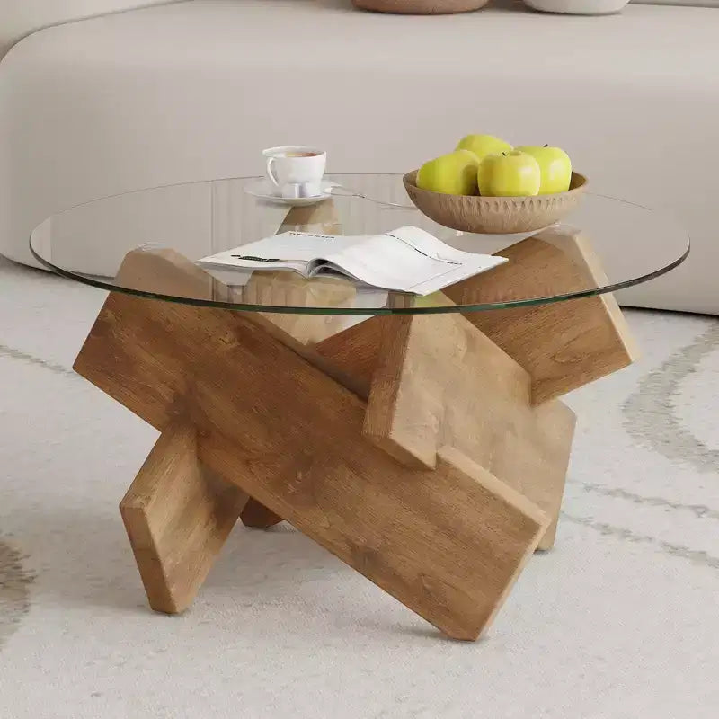 Moderner Glas-Couchtisch mit Platte aus gehärtetem Glas für Wohnzimmer, Holz