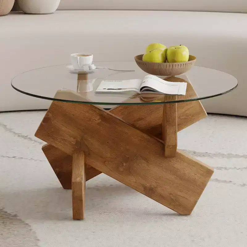 Moderner Glas-Couchtisch mit Platte aus gehärtetem Glas für Wohnzimmer, Holz