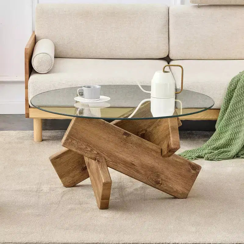 Moderner Glas-Couchtisch mit Platte aus gehärtetem Glas für Wohnzimmer, Holz