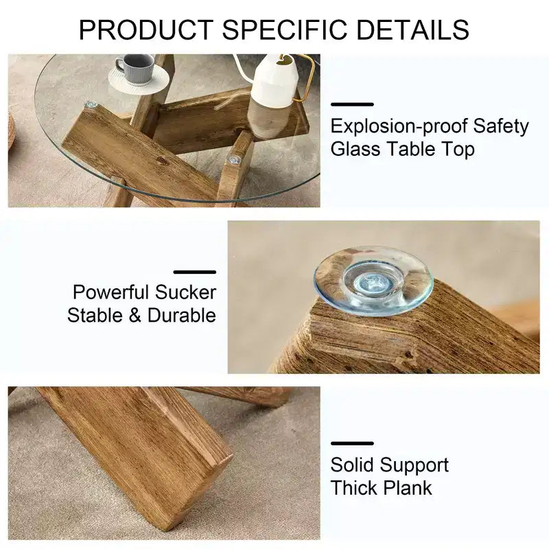 Moderner Glas-Couchtisch mit Platte aus gehärtetem Glas für Wohnzimmer, Holz