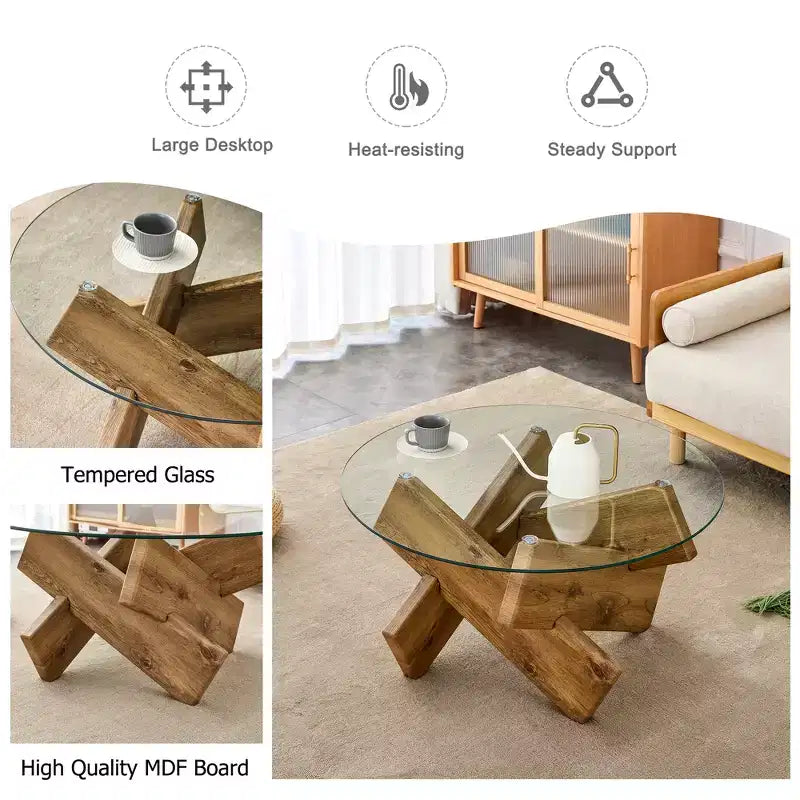 Moderner Glas-Couchtisch mit Platte aus gehärtetem Glas für Wohnzimmer, Holz