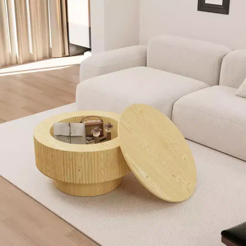 29.53 MDF moderner runder Couchtisch mit kreisförmigem Streifendesign und Stauraum, für Zuhause und Küche