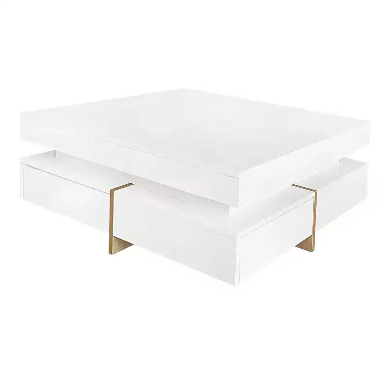 Hochglanz-Couchtisch mit 4 Schubladen, quadratischer Aufbewahrungstisch für das Wohnzimmer, Weiß