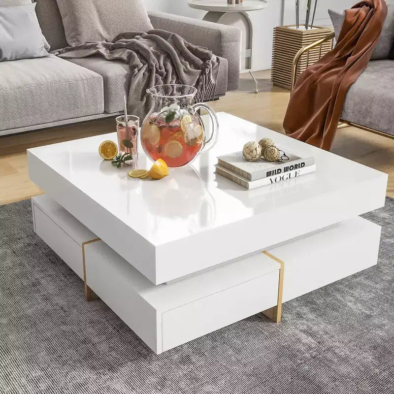 Hochglanz-Couchtisch mit 4 Schubladen, quadratischer Aufbewahrungstisch für das Wohnzimmer, Weiß
