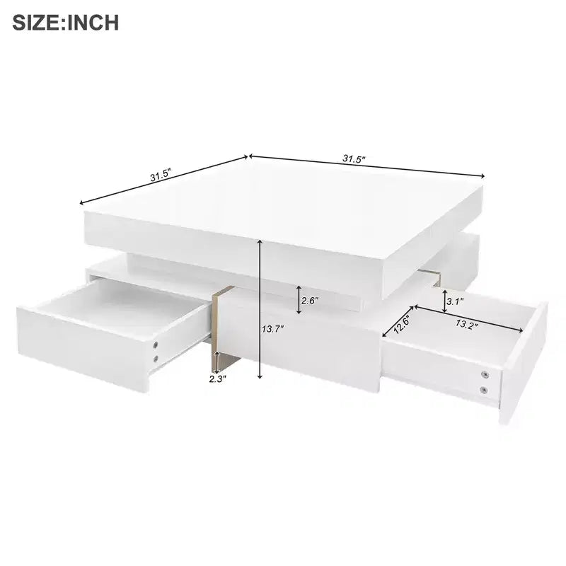 Hochglanz-Couchtisch mit 4 Schubladen, quadratischer Aufbewahrungstisch für das Wohnzimmer, Weiß