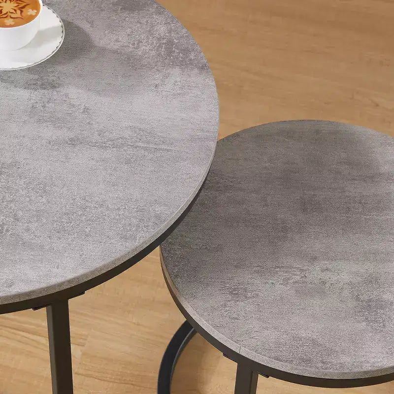 Runder Beistelltisch, 2er-Set, Akzent-Couchtisch, Betonoptik Grau, Holzmaserung, platzsparend, moderner Industriestil