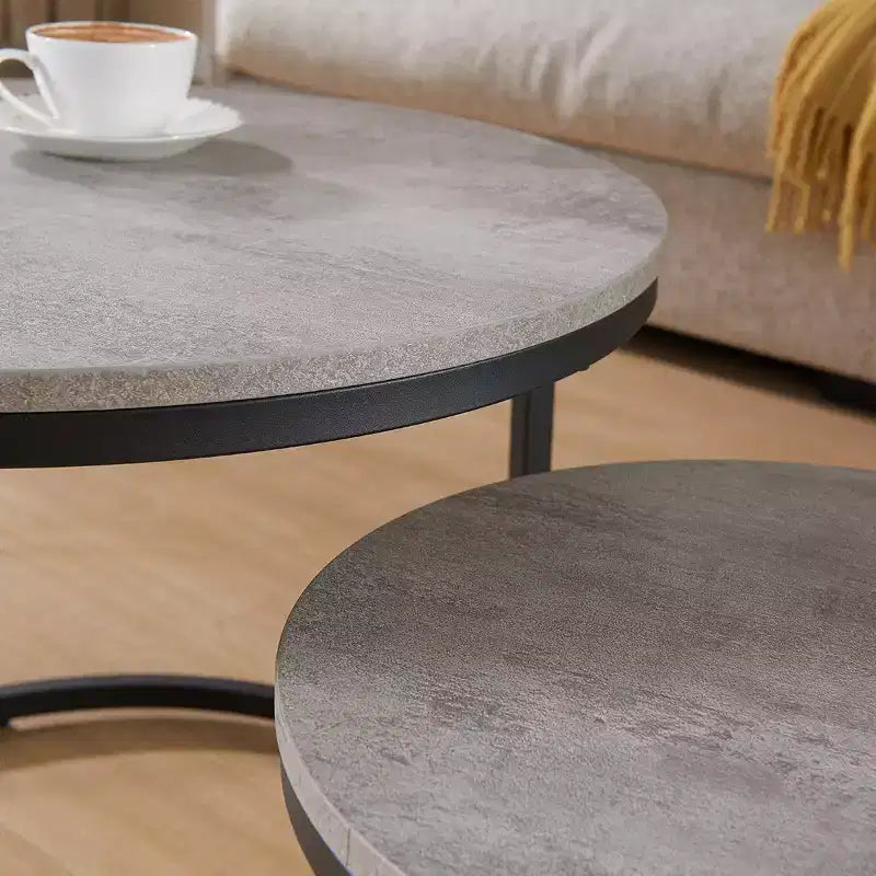 Runder Beistelltisch, 2er-Set, Akzent-Couchtisch, Betonoptik Grau, Holzmaserung, platzsparend, moderner Industriestil