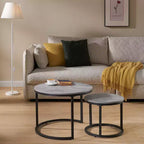 Runder Beistelltisch, 2er-Set, Akzent-Couchtisch, Betonoptik Grau, Holzmaserung, platzsparend, moderner Industriestil